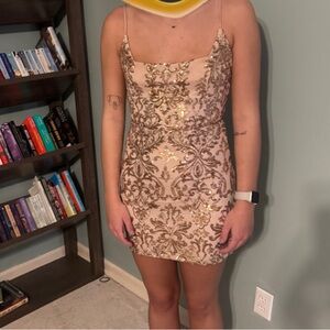 Elegant Beige and Gold Sequin Dress